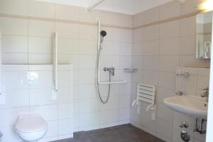 a bathroom with a shower and a toilet and a sink at Ferienhaus Bellevue in Fehmarn