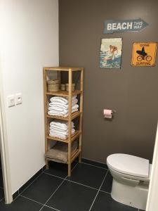 a bathroom with a toilet and a shelf with towels at Quintessens in Marseille +17 photos