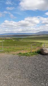 un pasto con una valla y un campo con ovejas en Glæsibær, en Reynistaður