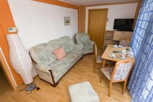 ein Wohnzimmer mit einem Sofa und einem Tisch in der Unterkunft Harzurlaub Heyder in Elbingerode