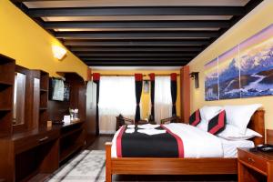 um quarto com uma cama, uma secretária e uma televisão em Karma Boutique Hotel em Catmandu