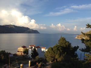 een uitzicht op een grote hoeveelheid water met huizen bij Panorama Thea in Symi