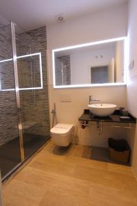 La salle de bains est pourvue de toilettes, d'un lavabo et d'une douche. dans l'établissement Alma Suites, à Madrid