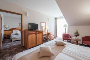 シャールヴァールにあるVitalmed Hotel Sárvárのベッドとテレビが備わるホテルルームです。