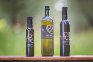 two bottles of wine sitting on a wooden shelf at Med oljkami Apartment in Koper +20 photos