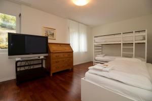 ヴェンゲンにあるChalet Goldenhornのベッドルーム(薄型テレビ、ベッド付)