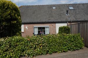 a house with a hedge in front of a window at Vakantiehuis in Oosterwolde