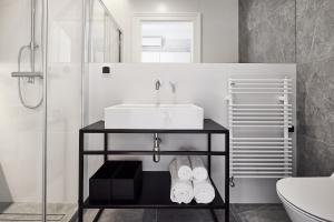 ein Badezimmer mit Waschbecken, Toilette und Dusche in der Unterkunft St Agnes Apartments Old Town in Krakau + 43 Fotos