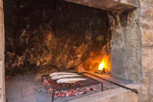 a stone oven with a grill with meat on it at Vila Dunja in Makarska