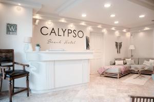 a living room with a fireplace and a couch at Calypso Beach Hotel in Loutra Edipsou