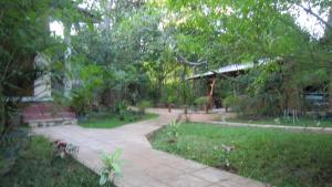 a walkway through a garden with a house and trees at Dinuka Village in Habarana