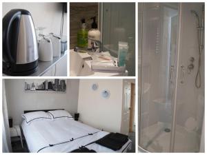 a bathroom with a bed and a shower at Richmond House in Nottingham