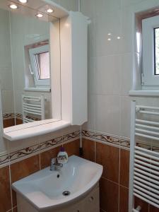 a bathroom with a white sink and a mirror at Pensiunea Lőrincz *** Panzió in Sovata +122 photos