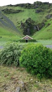 a small village in the middle of a grassy area at Giljur Guesthouse in Vík