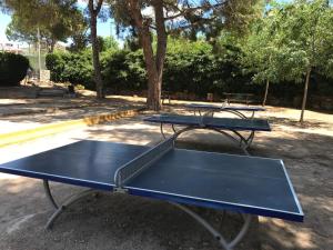 two ping pong tables in a park with trees at Buenavista Apartment in Sitges
