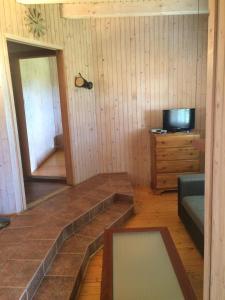 ein Wohnzimmer mit einem Sofa und einem TV in der Unterkunft Mézesfészer apartman in Cserkút