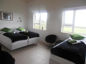 um quarto com 2 camas e 2 janelas em Giljur Guesthouse em Vík