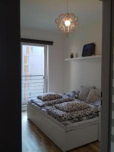 a bedroom with a bed with a window and a chandelier at 1 Bedroom Francuska Park Apartment in Katowice
