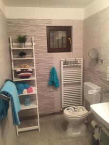 a bathroom with a toilet and a towel rack at Apartman Cvenkica in Omišalj