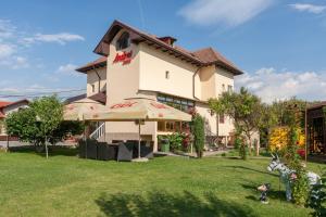 une maison avec une pelouse devant elle dans l'établissement Pensiunea Andrei Rm Valcea, à Râmnicu Vâlcea