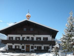 a building in the snow with a christmas tree at Riedlhof in Kössen