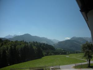 a green field with benches and mountains in the background at Riedlhof in Kössen +3 photos
