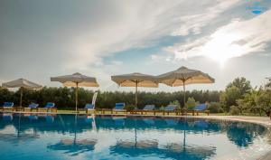 a swimming pool with chairs and umbrellas at Cherhana Resort in Crisan