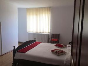 トゥルダにあるCasa Bella Turdaのベッドルーム1室(赤い枕のベッド1台、窓付)