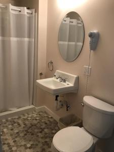 a bathroom with a toilet and a sink and a mirror at Rainbow Shores in Pulaski +26 photos