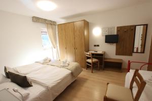 a bedroom with a bed and a desk with a chair at Hotel Rosalpina in Soraga