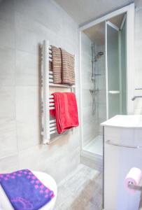 y baño con toallero eléctrico y ducha. en Studio Suquet Saint Antoine, en Cannes
