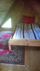 a bed in a room with a rug on the floor at Dižāpas in Usma