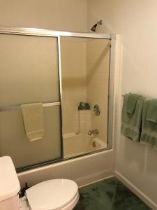 uma casa de banho com um chuveiro, um WC e uma banheira em Hale Pua Villa - Seaside Studio em Koloa