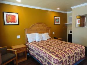 a hotel room with a bed and a chair at Colusa Motel in Colusa