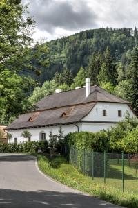 a white house with a black roof on a road at Boutique hotel Mezi plutky in Čeladná