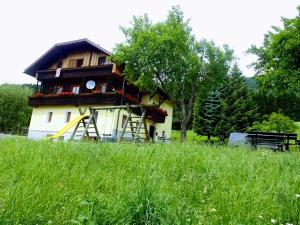 a house with a wooden roof on top of a field at idyllischer Landhof Nähe Millstättersee in Fresach