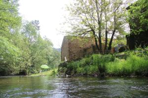 einen Fluss mit einem Gebäude, Bäumen und einem Fluss in der Unterkunft Sete Quintas in Miranda do Corvo