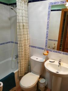 La salle de bains est pourvue de toilettes, d'un lavabo et d'une baignoire. dans l'établissement La Casa del Camaleon, à Chipiona