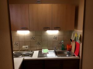 a kitchen with a sink and a stove at Attraktives Häuschen Glogauer in Hamburg