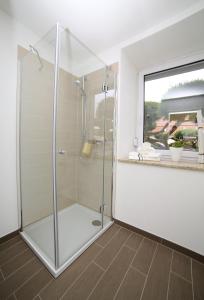 a shower with a glass door in a bathroom at Haus am See Rossbach in Roßbach