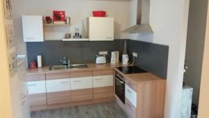 a small kitchen with a sink and a stove at Haus Isabelle EG in Sankt Andreasberg