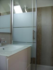 a bathroom with a sink and a shower with a mirror at Marcia Donatti - A l'Ombre des Coteaux Sao Paulo in Kaysersberg