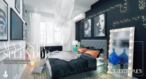 ブカレストにあるCasa Mia - Modern Luxury Apartamentの青い壁と照明のベッド付きのベッドルーム1室