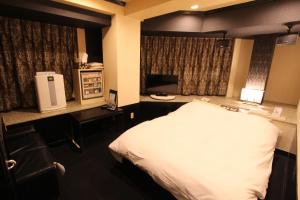 a hotel room with a bed and a desk and a television at Lala Fleur (Adult Only) in Osaka