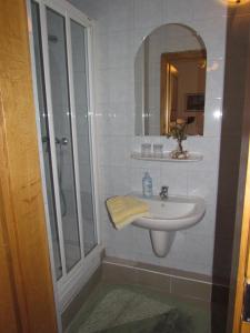 a bathroom with a shower and a sink at Magda Vendégház in Tokaj