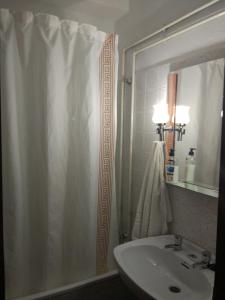 uma casa de banho com um lavatório e uma cortina de chuveiro em Hospederia Montes em Níjar