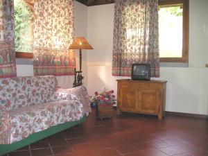 a living room with a couch and a tv on a table at L' Arnia in Ome