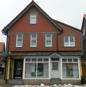 a brown house with white windows on a street at Haus Isabelle OG in Sankt Andreasberg