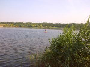 a person on a paddle board on a lake at Haus am See Rossbach in Roßbach