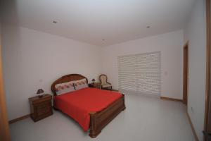 マルコ・デ・カナヴェゼスにあるquinta da pedrinhaのベッドルーム1室(赤いベッド1台、窓付)